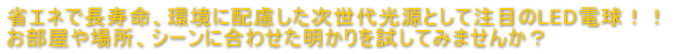 省エネで長寿命、環境に配慮した次世代光源として注目のLED電球!! お部屋や場所、シーンに合わせた明かりを試してみませんか?